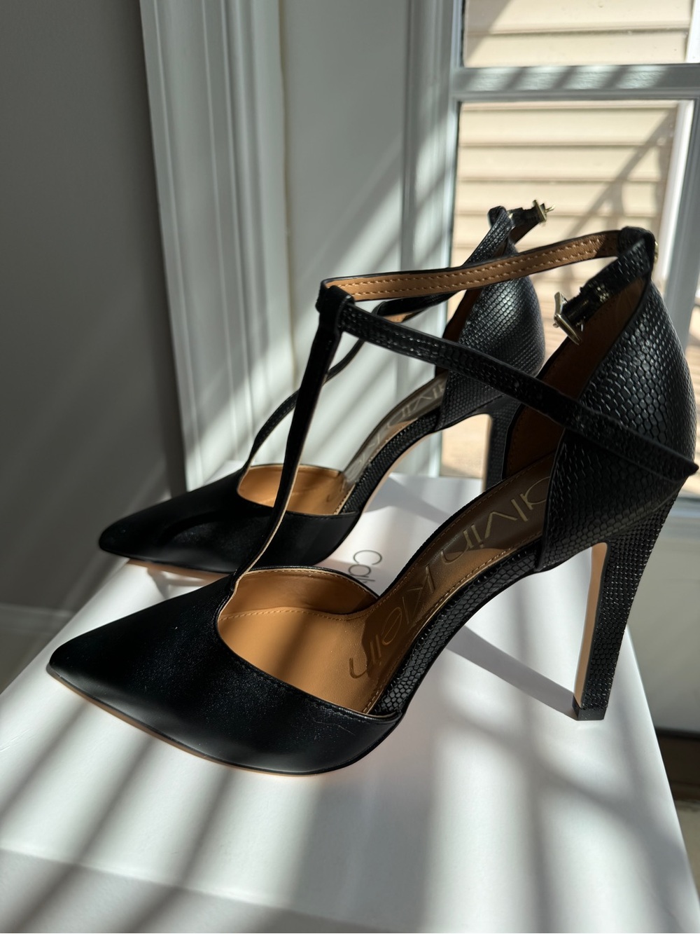 Calvin Klein Black T-Strap Pointed Pumps with Ankle Buckle
